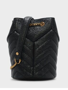 Charles & Keith Black Quilted Drawstring Sling Bag with Gold Chain